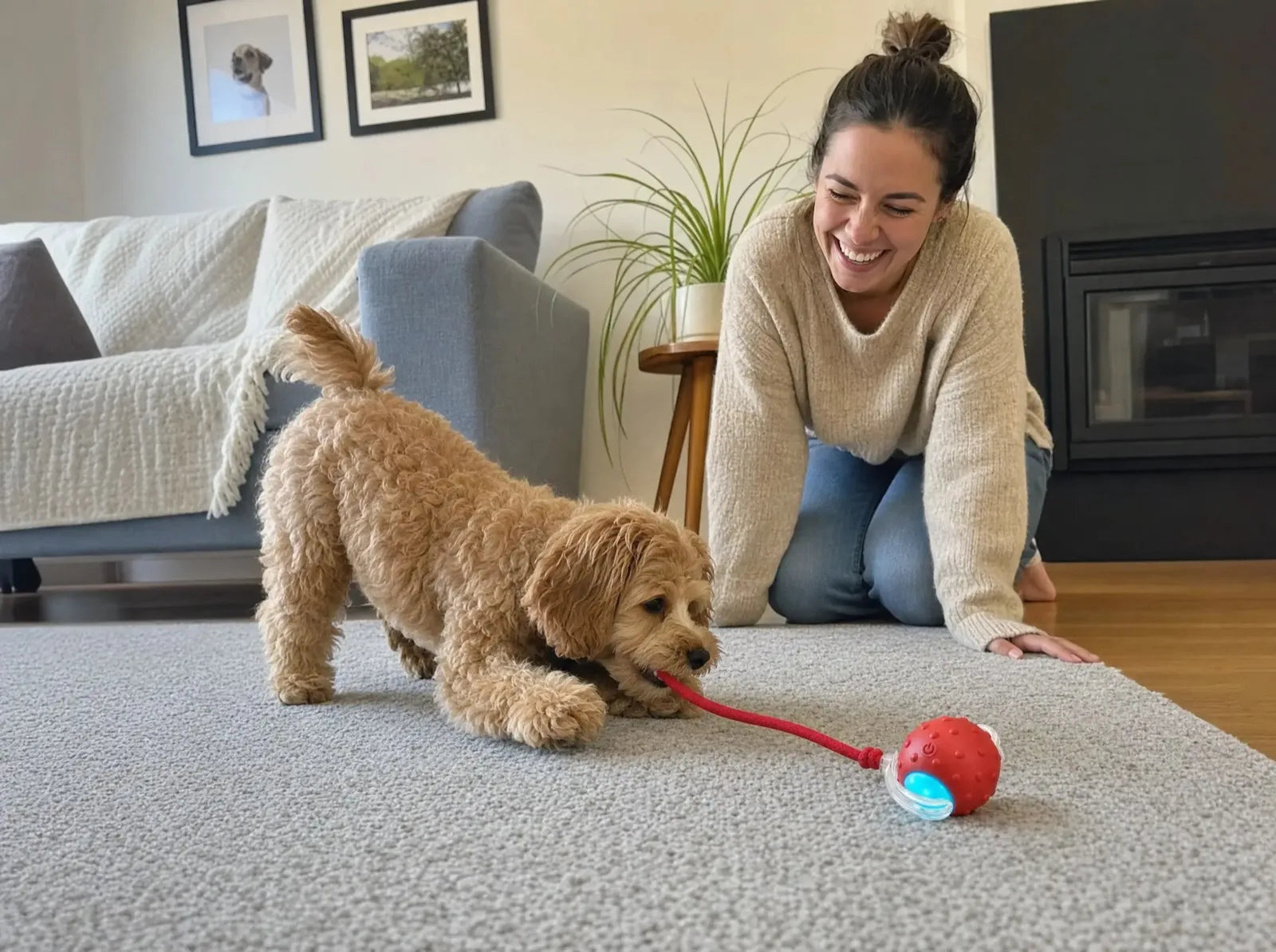 A woman laughing as her cavoodle pounces on the ZoomieTail