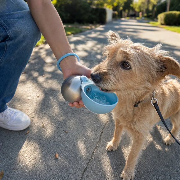 Thirsty dog waiting for water on a walk
