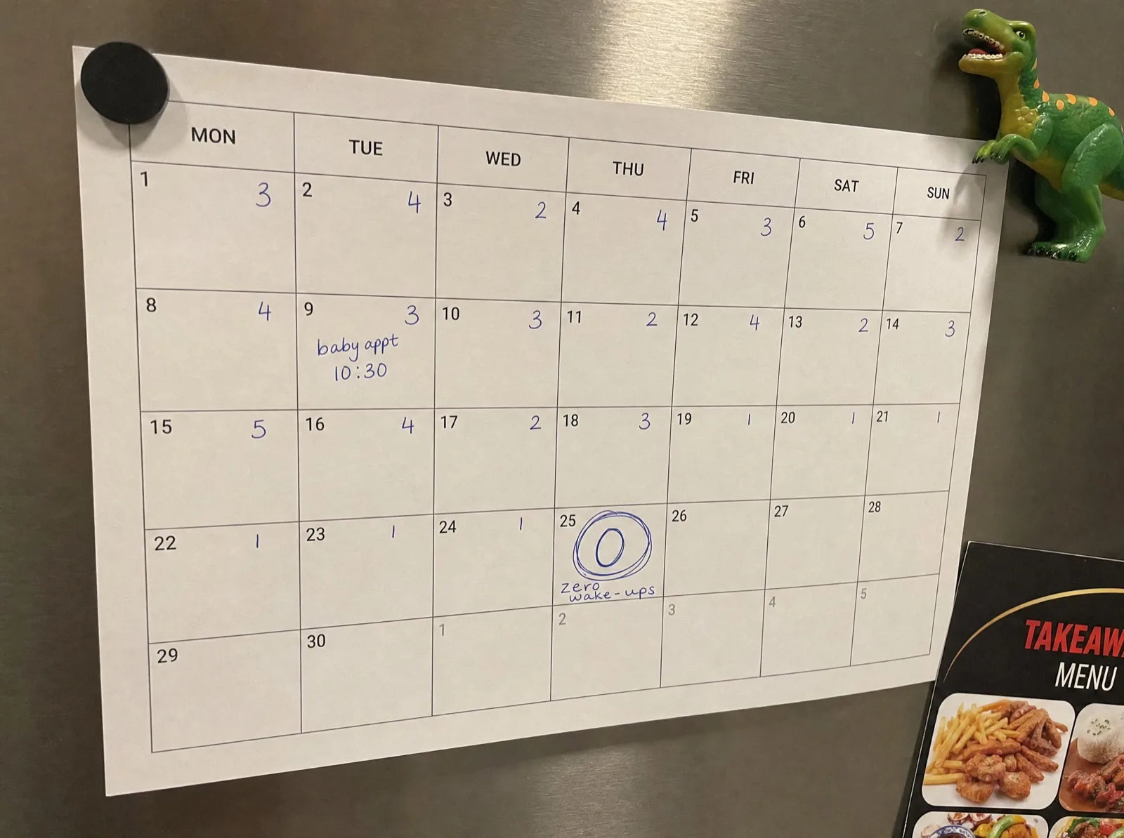 Our fridge calendar with the nightly wake-up tally ending in a circled zero