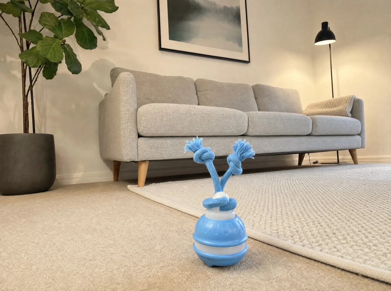 The Chase Buddy, a blue ball with two knotted rope arms, sitting on carpet