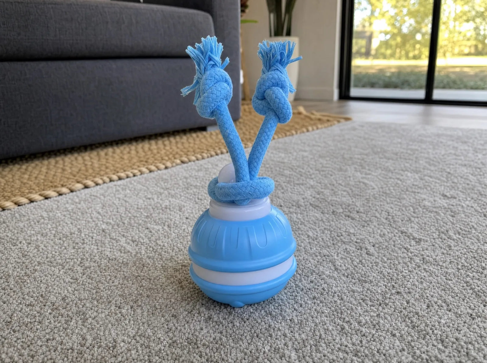 The Chase Buddy, a blue ball with two knotted rope arms, on the carpet in the new rental