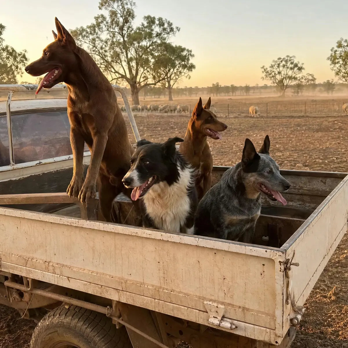 Two red kelpies, a border collie and a blue heeler on the tray of an old ute at sunset, with sheep in a dusty paddock behind