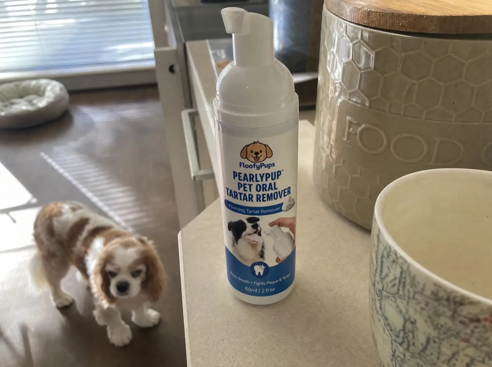 The PearlyPup dental spray bottle on a kitchen bench next to a dog food container and a coffee mug