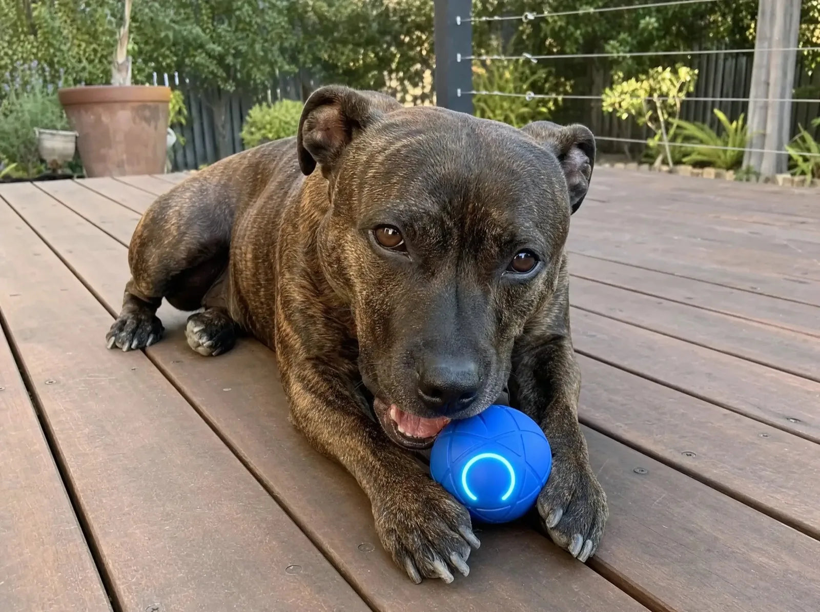 A staffy holding the ZoomieBall between its paws on a deck