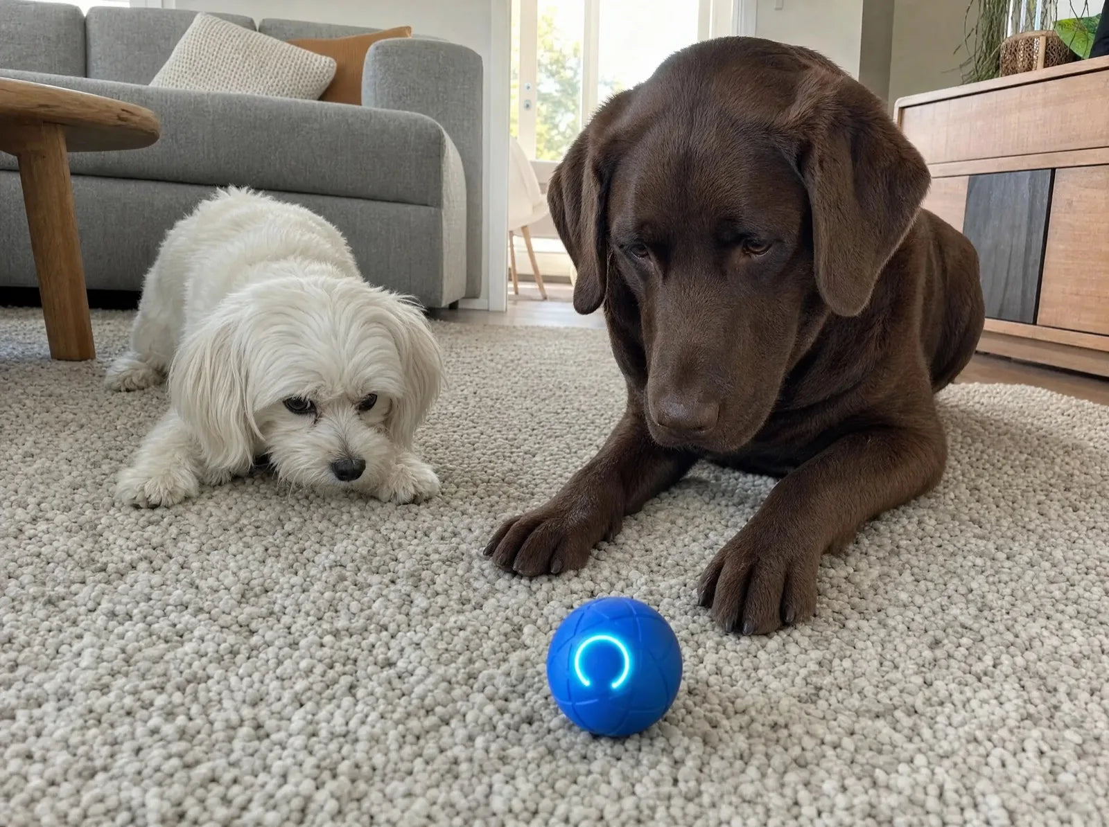 A maltese and a labrador watching the ZoomieBall roll between them
