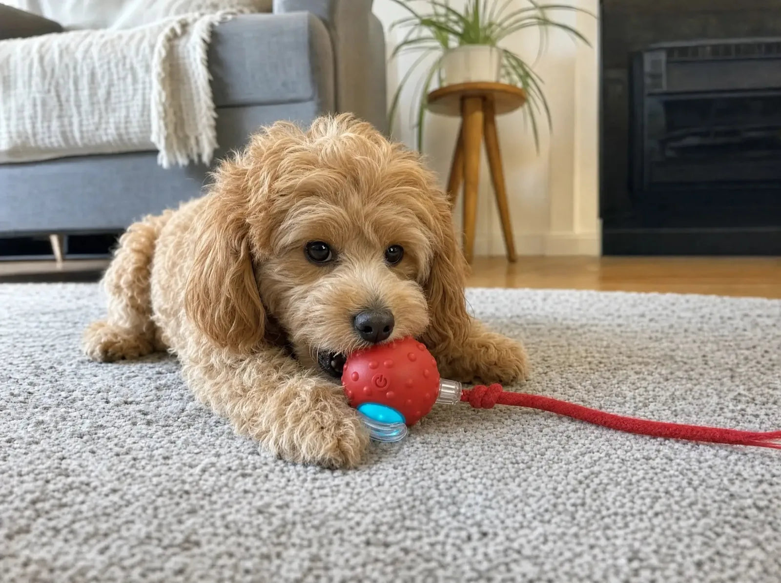 A cavoodle gently mouthing the ZoomieTail on a rug