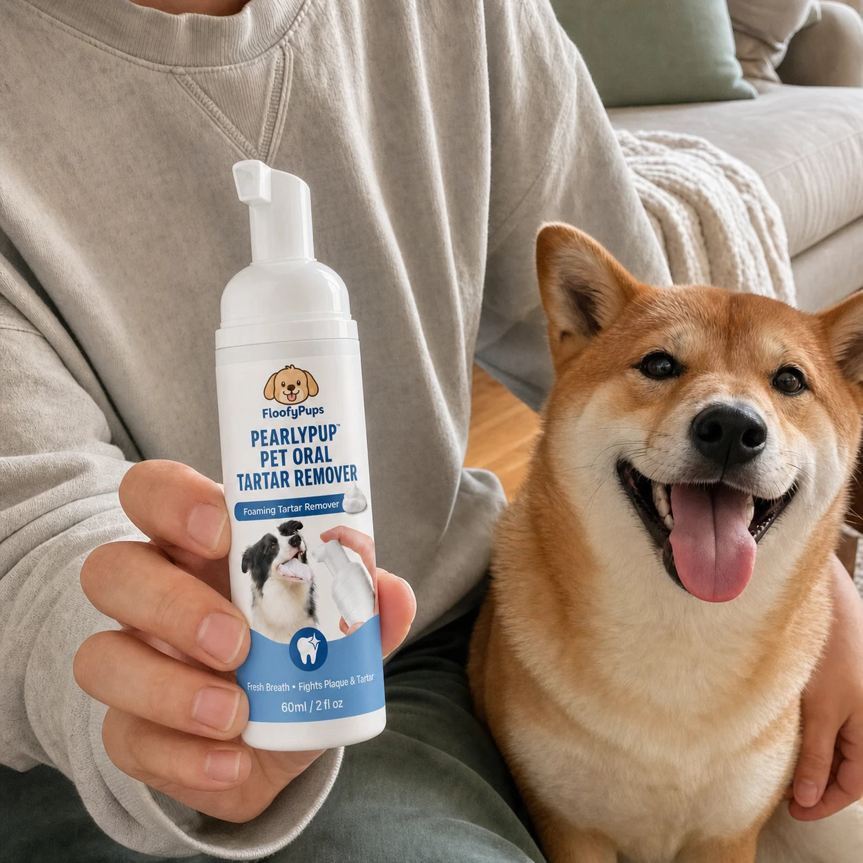 Customer using PearlyPup dental spray