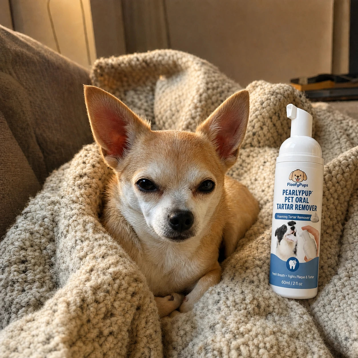 Customer using PearlyPup dental spray