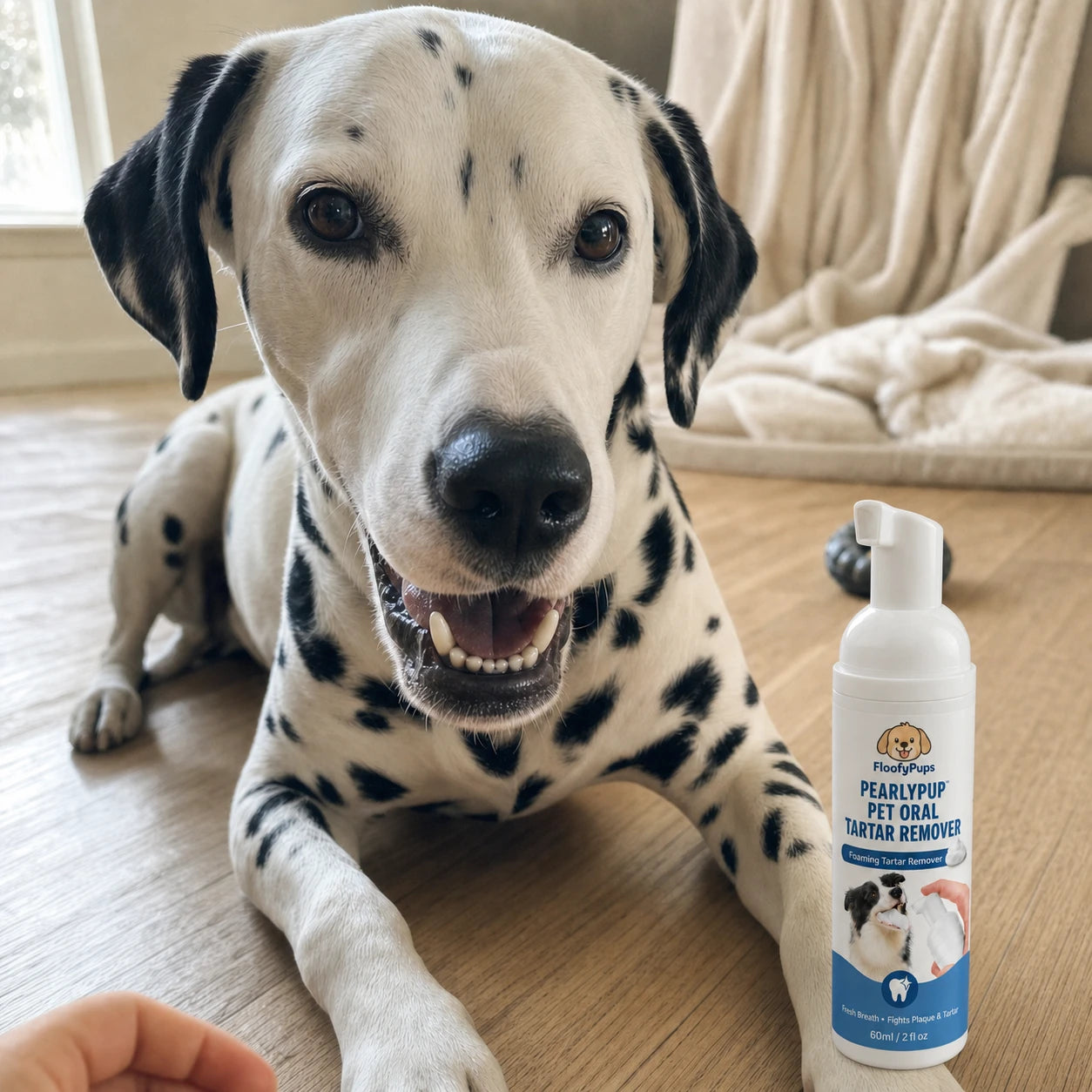 Customer using PearlyPup dental spray