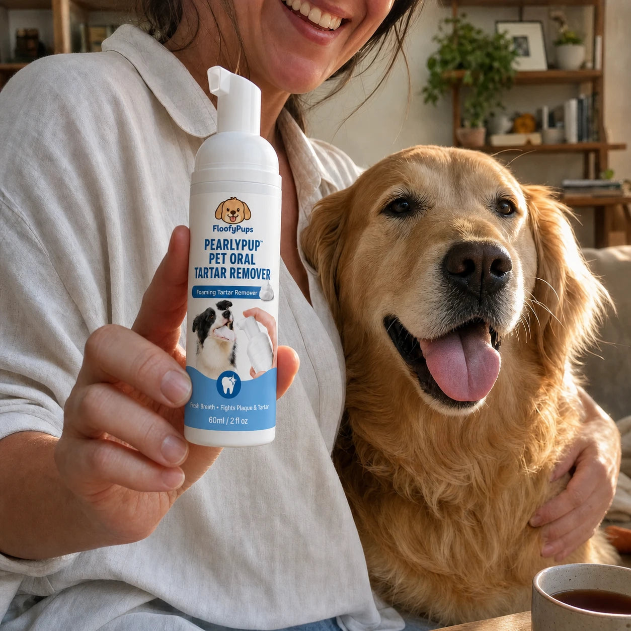 Customer using PearlyPup dental spray